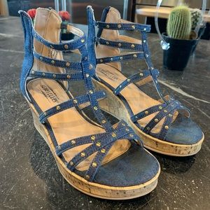girls denim gold studded wedges